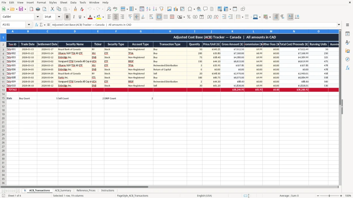 Screenshot 1: ACB_Transactions tab - Excel template adjusted cost base acb tracker excel template canada