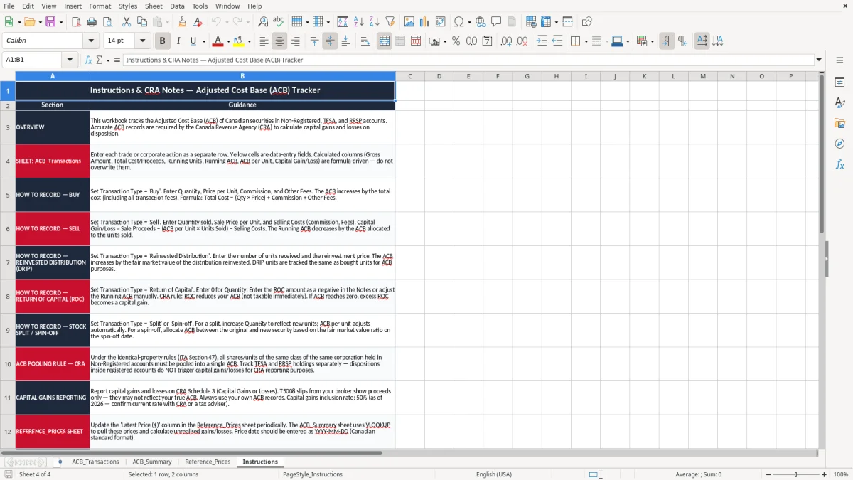 Screenshot 4: Instructions tab - Excel template adjusted cost base acb tracker excel template canada