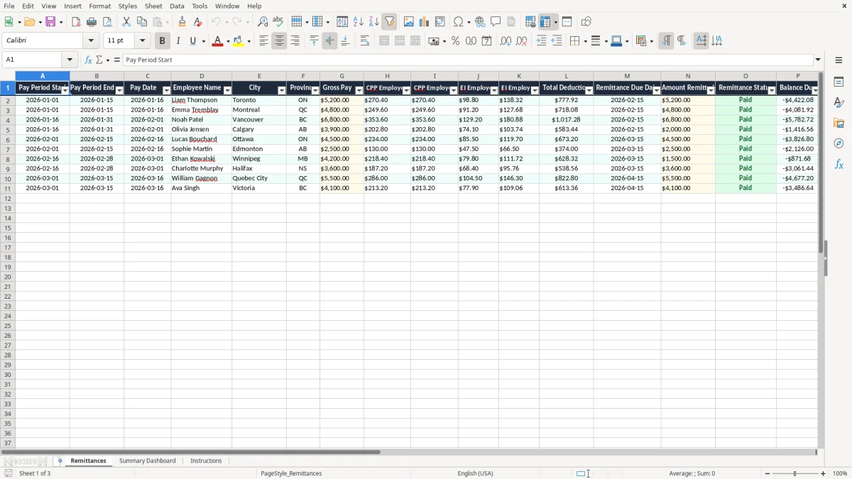 Screenshot 1: Remittances tab - Excel template cpp ei remittance tracker excel spreadsheet canada