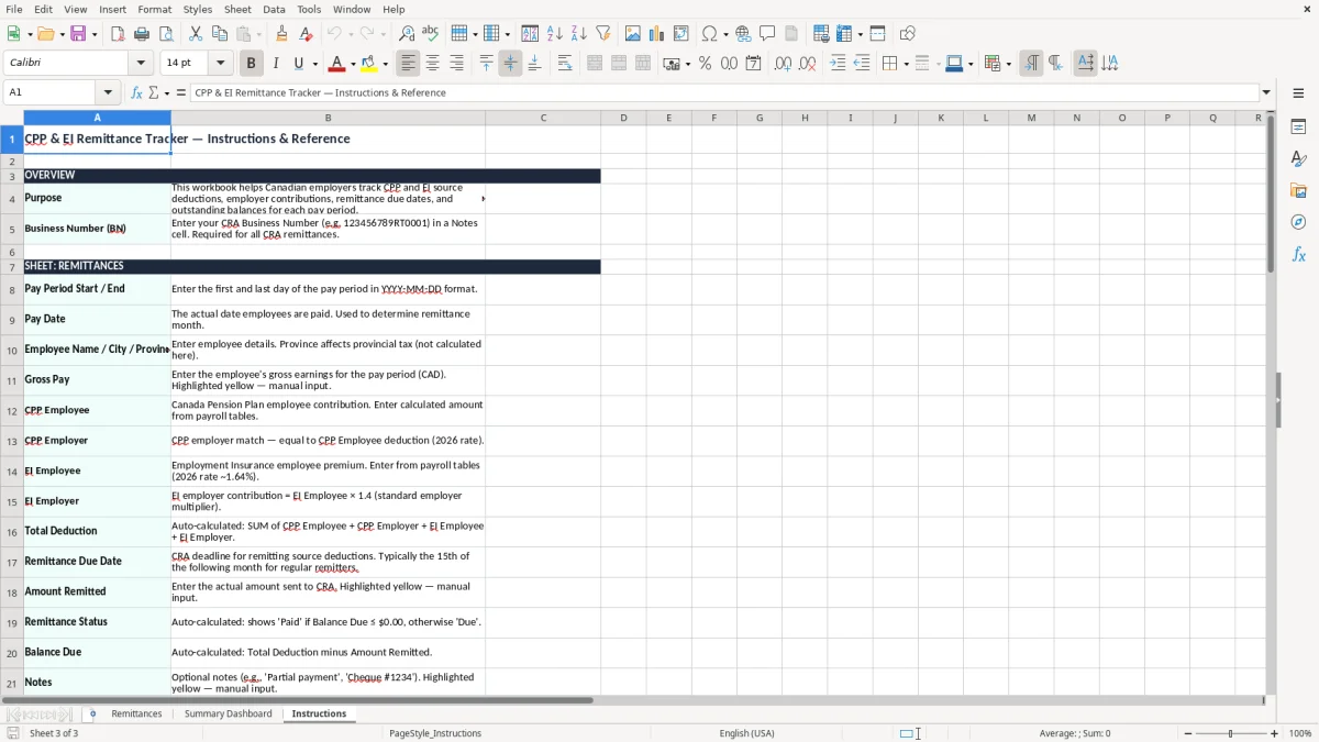 Screenshot 3: Instructions tab - Excel template cpp ei remittance tracker excel spreadsheet canada