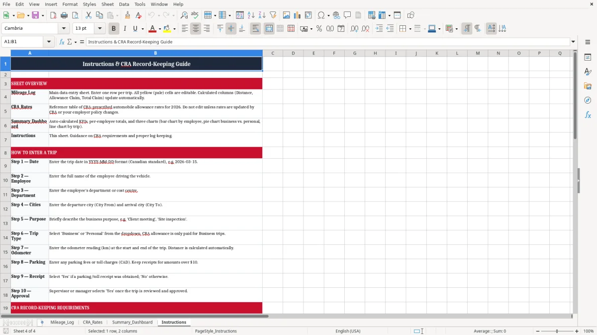 Screenshot 4: Instructions tab - Excel template cra mileage automobile allowance excel spreadsheet canada