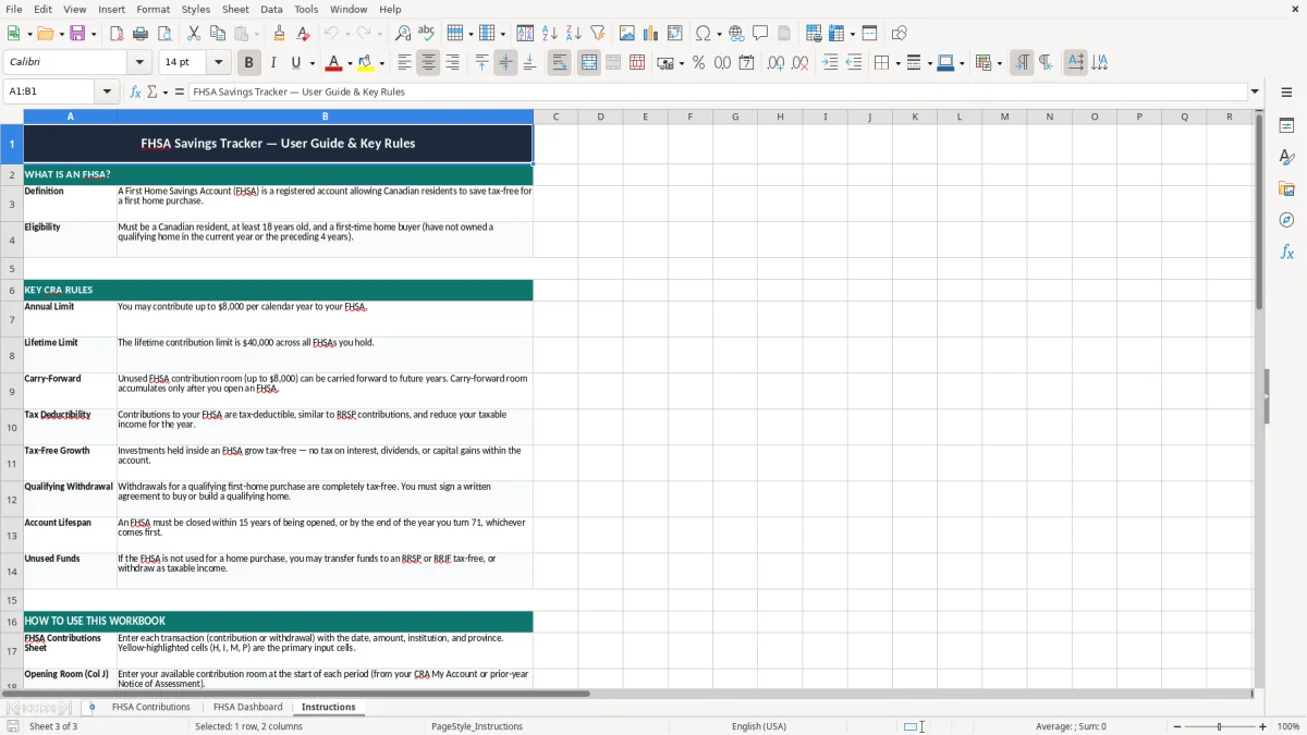 Screenshot 3: Instructions tab - Excel template fhsa savings tracker excel spreadsheet canada