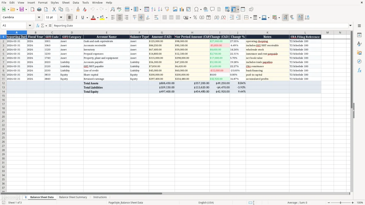 Screenshot 1: Balance Sheet Data tab - Excel template gifi balance sheet excel spreadsheet canada