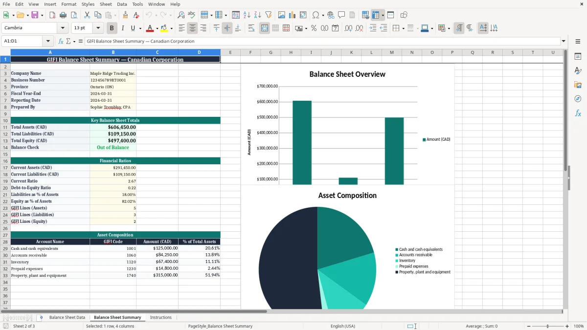 Screenshot 2: Balance Sheet Summary tab - Excel template gifi balance sheet excel spreadsheet canada
