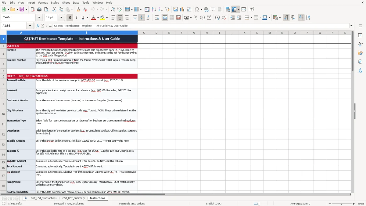 Skärmbild 3: fliken Instructions - Excelmall gst hst remittance excel template canada