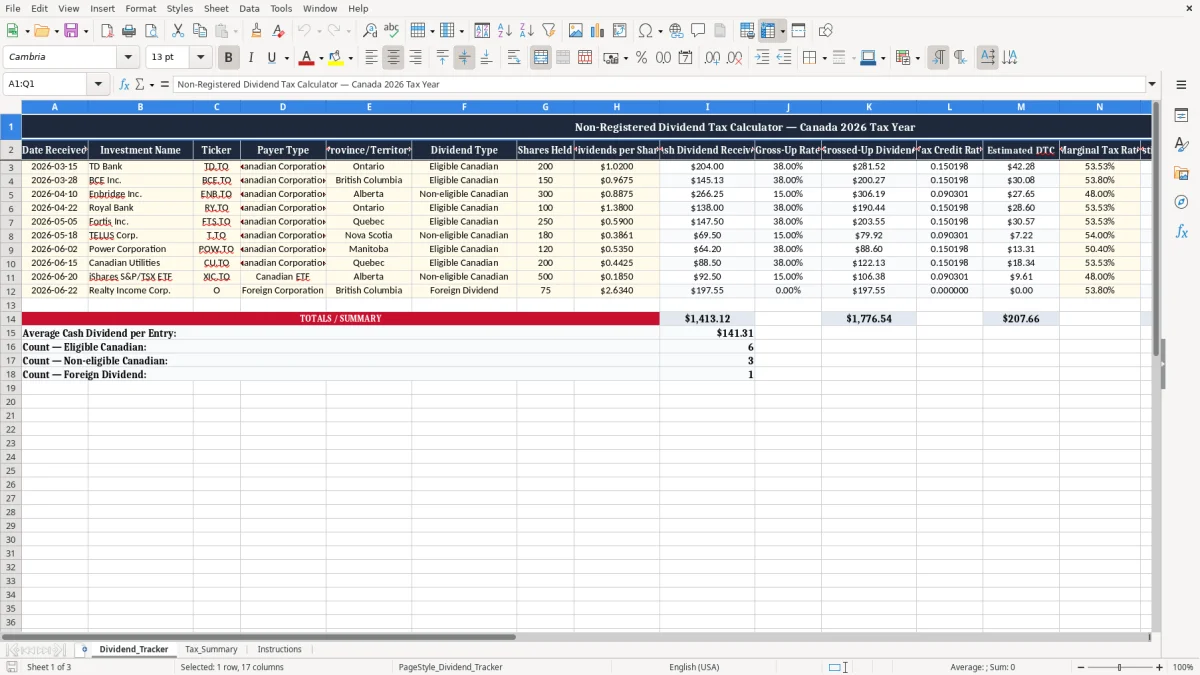 Screenshot 1: Dividend_Tracker tab - Excel template non registered dividend tax excel spreadsheet canada
