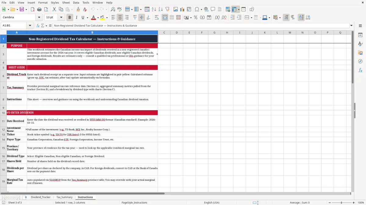 Screenshot 3: Instructions tab - Excel template non registered dividend tax excel spreadsheet canada