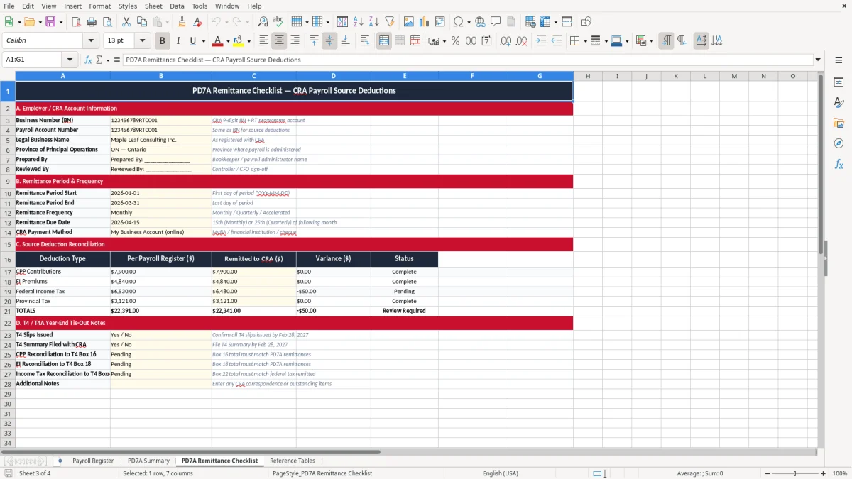 Screenshot 3: PD7A Remittance Checklist tab - Excel template payroll source deductions pd7a excel template canada