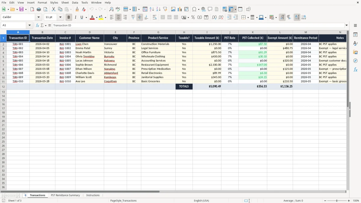 Screenshot 1: Transactions tab - Excel template pst remittance bc excel template canada