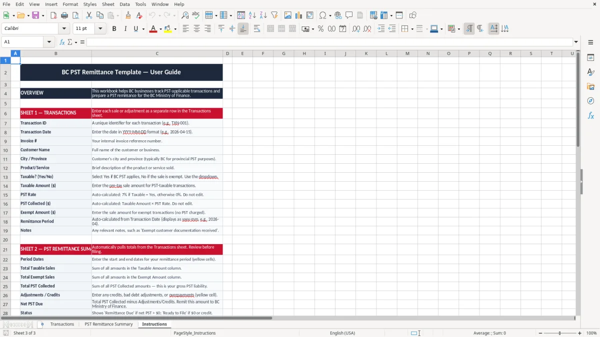 Screenshot 3: Instructions tab - Excel template pst remittance bc excel template canada
