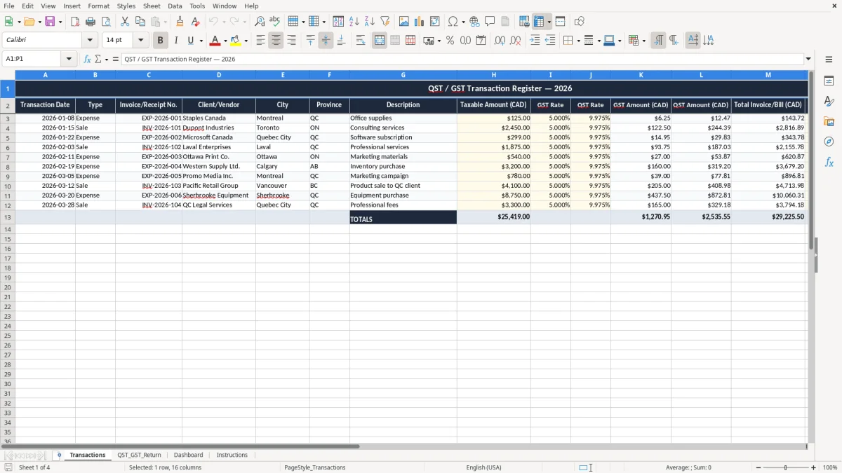 Screenshot 1: Transactions tab - Excel template qst gst combined return excel spreadsheet canada