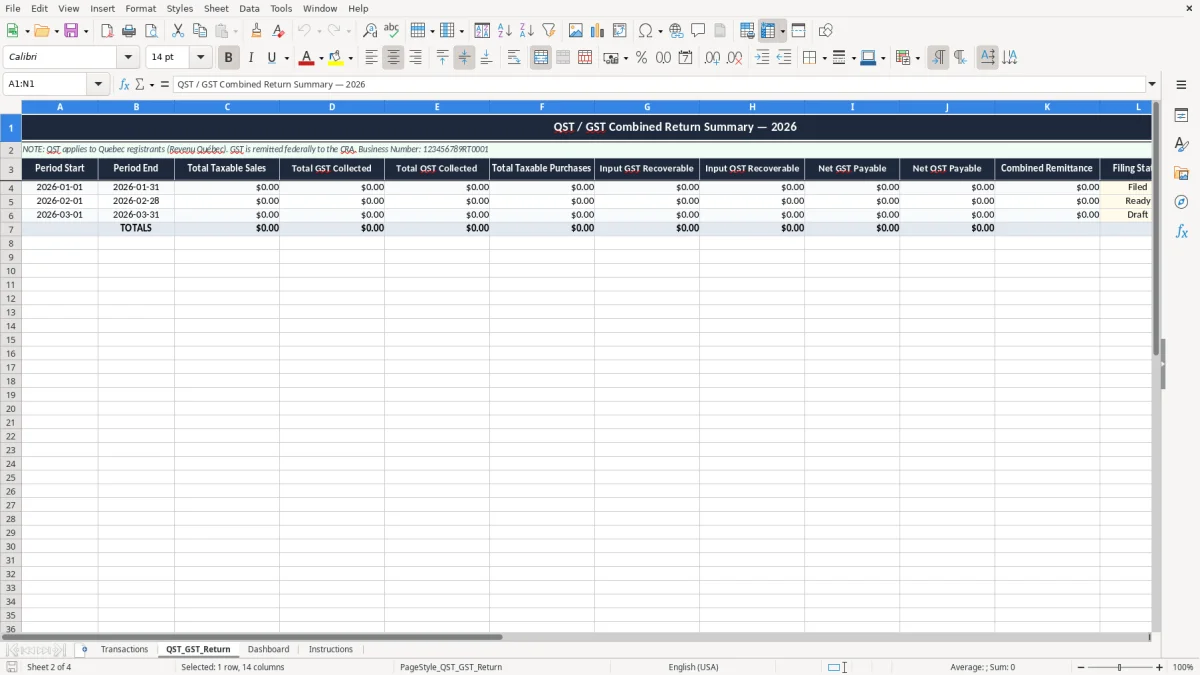 Screenshot 2: QST_GST_Return tab - Excel template qst gst combined return excel spreadsheet canada