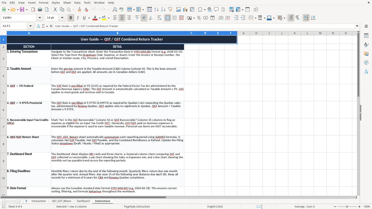 Screenshot 4: Instructions tab - Excel template qst gst combined return excel spreadsheet canada