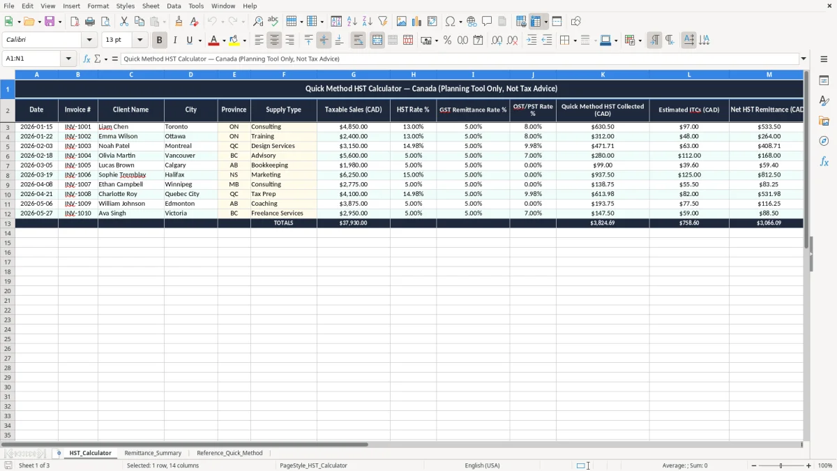 Skärmbild 1: fliken HST_Calculator - Excelmall quick method hst calculation excel spreadsheet canada