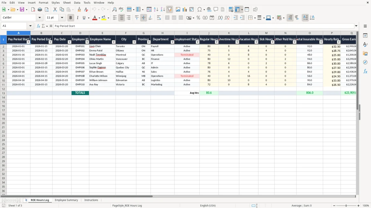 Screenshot 1: ROE Hours Log tab - Excel template record of employment roe hours excel spreadsheet canada