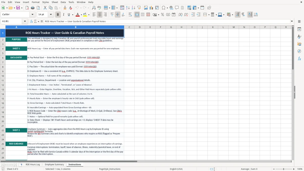 Screenshot 3: Instructions tab - Excel template record of employment roe hours excel spreadsheet canada