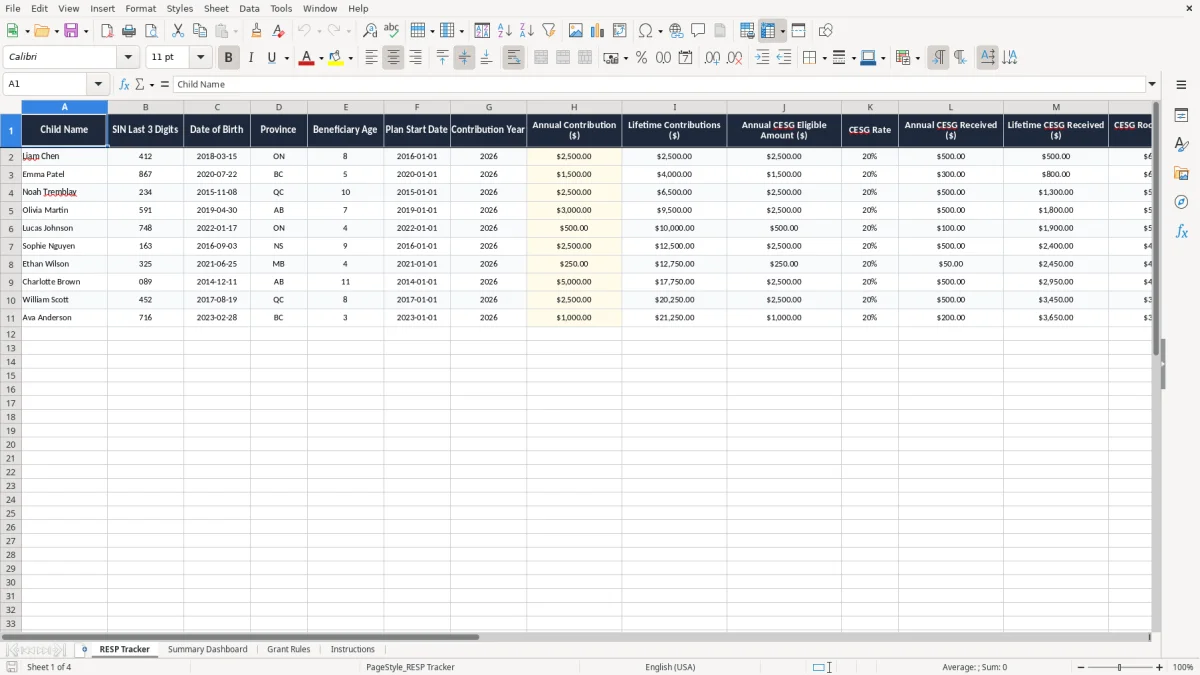 Screenshot 1: RESP Tracker tab - Excel template resp grant tracker excel template canada