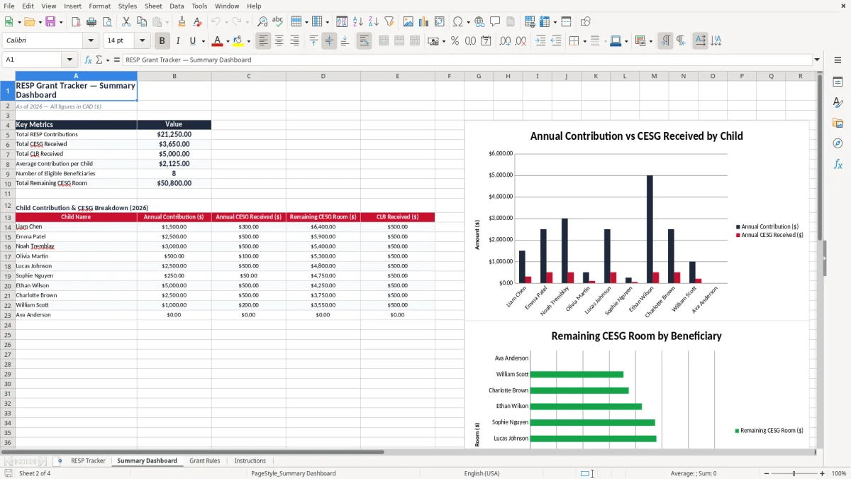 Screenshot 2: Summary Dashboard tab - Excel template resp grant tracker excel template canada