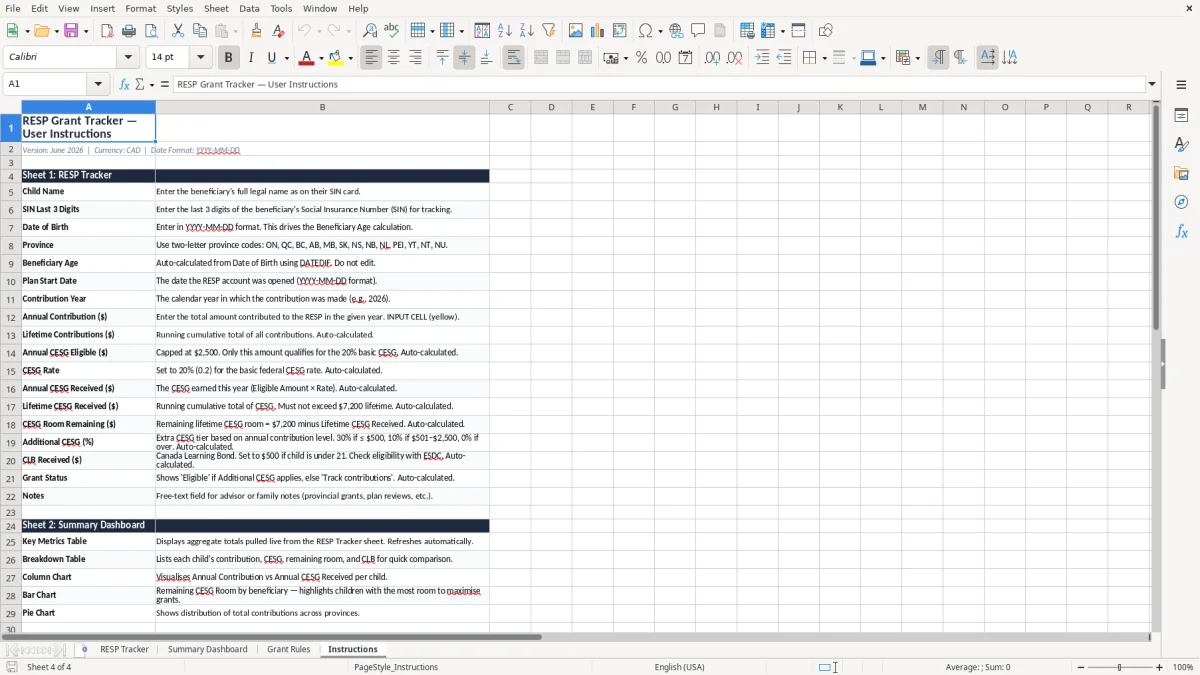 Screenshot 4: Instructions tab - Excel template resp grant tracker excel template canada