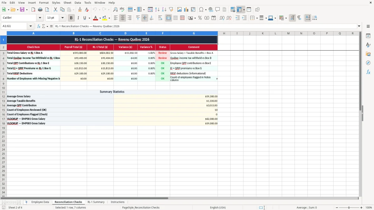 Screenshot 2: Reconciliation Checks tab - Excel template rl-1 reconciliation revenu quebec excel template canada