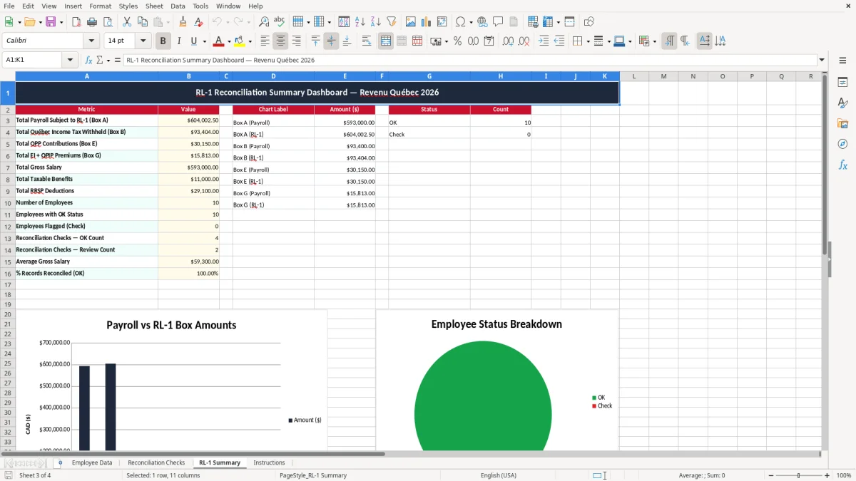 Screenshot 3: RL-1 Summary tab - Excel template rl-1 reconciliation revenu quebec excel template canada