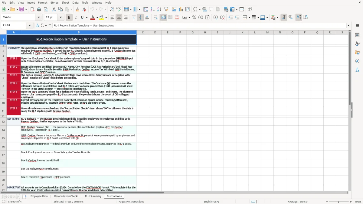 Screenshot 4: Instructions tab - Excel template rl-1 reconciliation revenu quebec excel template canada
