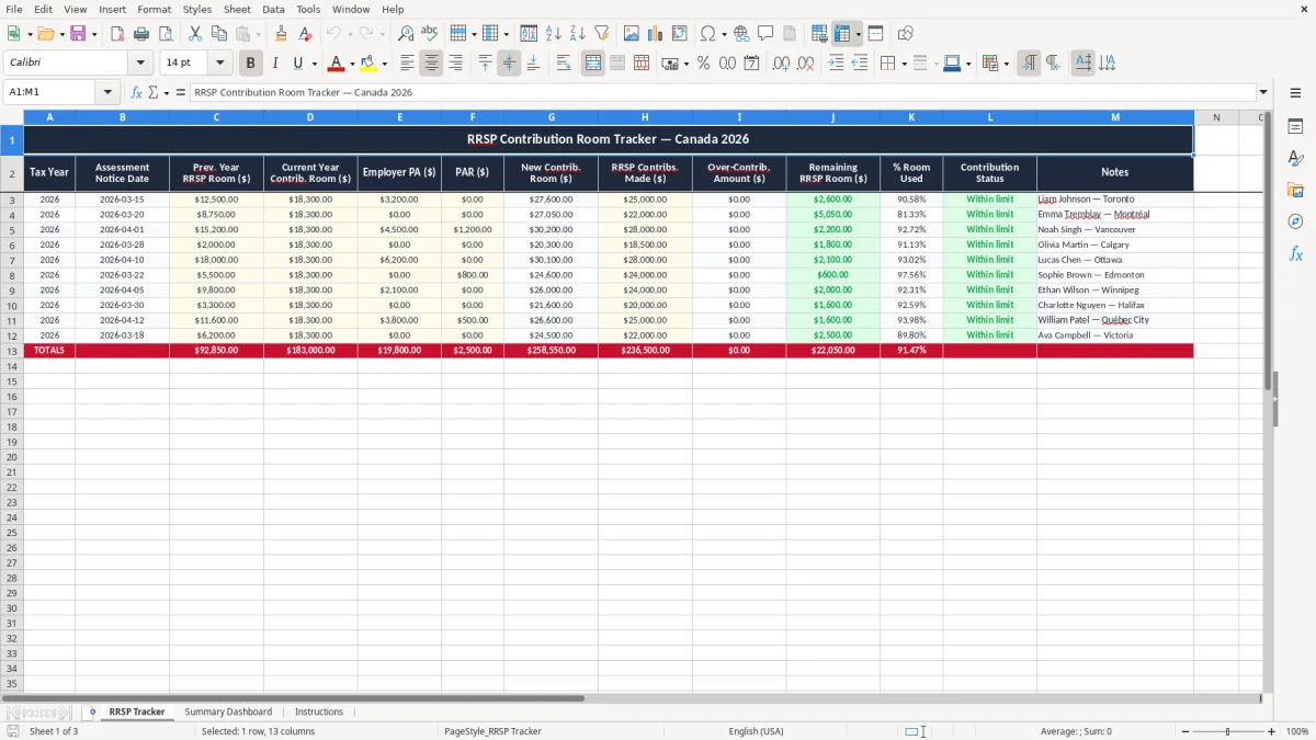 Screenshot 1: RRSP Tracker tab - Excel template rrsp contribution room tracker excel template canada