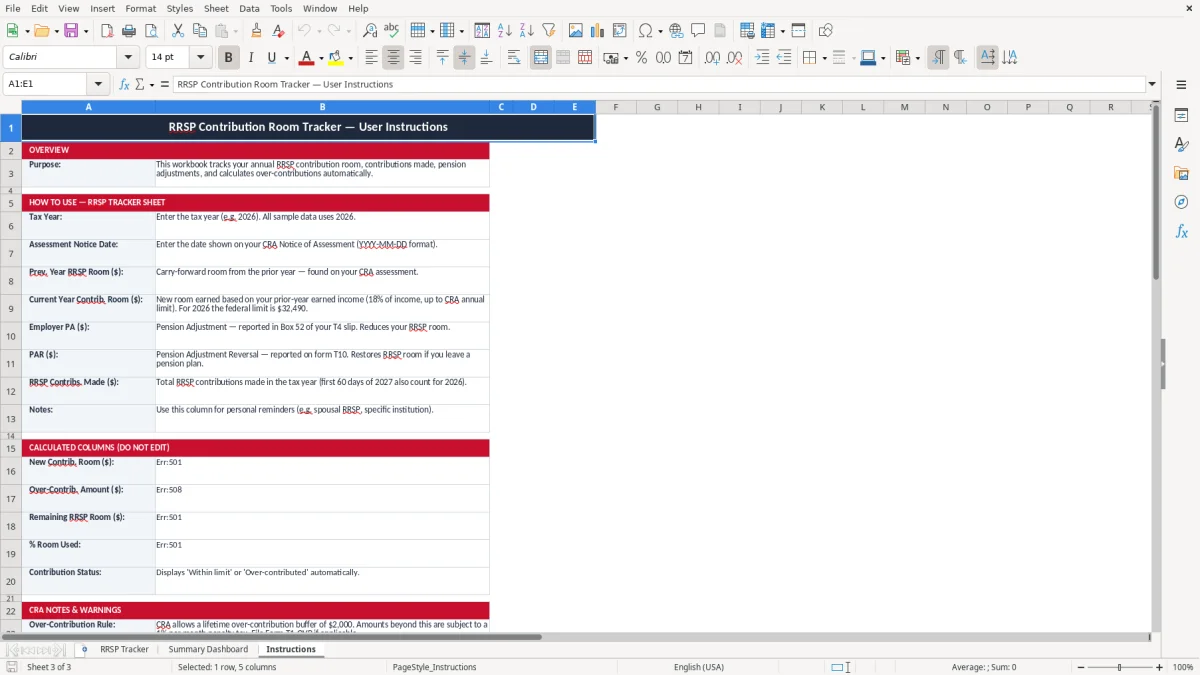 Screenshot 3: Instructions tab - Excel template rrsp contribution room tracker excel template canada