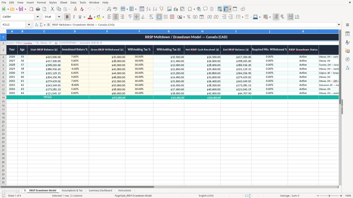 Screenshot 1: RRSP Drawdown Model tab - Excel template rrsp meltdown drawdown excel template canada