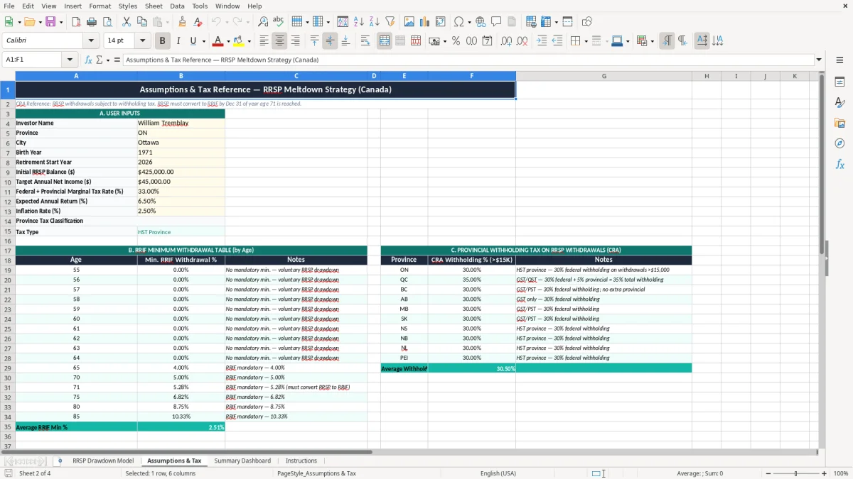 Screenshot 2: Assumptions & Tax tab - Excel template rrsp meltdown drawdown excel template canada