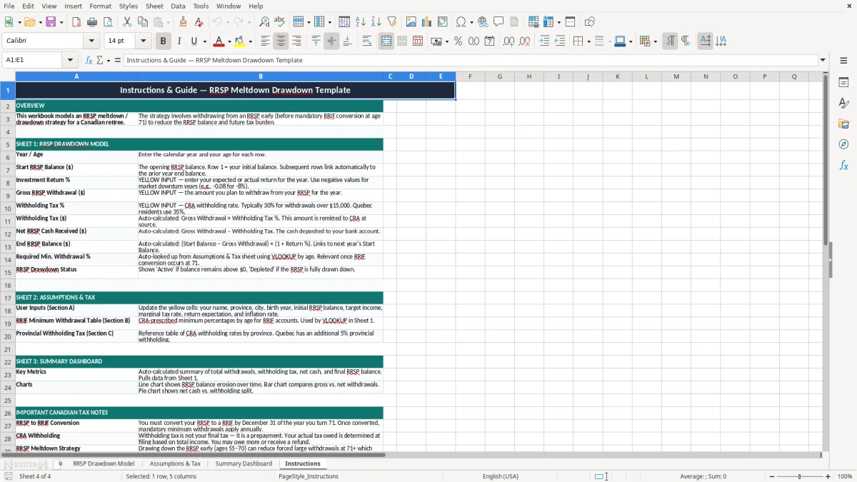 Screenshot 4: Instructions tab - Excel template rrsp meltdown drawdown excel template canada