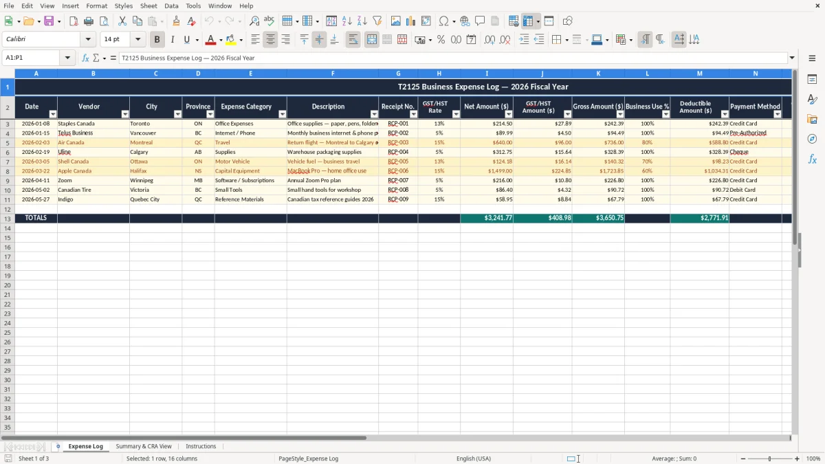 Skärmbild 1: fliken Expense Log - Excelmall t2125 business expenses excel spreadsheet canada