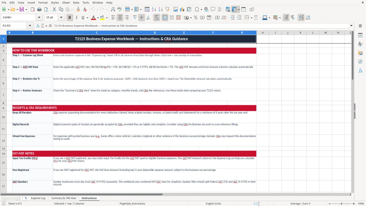 Skärmbild 3: fliken Instructions - Excelmall t2125 business expenses excel spreadsheet canada