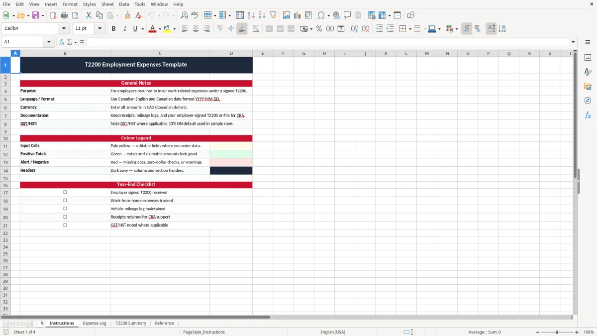 Screenshot 1: Instructions tab - Excel template t2200 employment expenses excel template canada