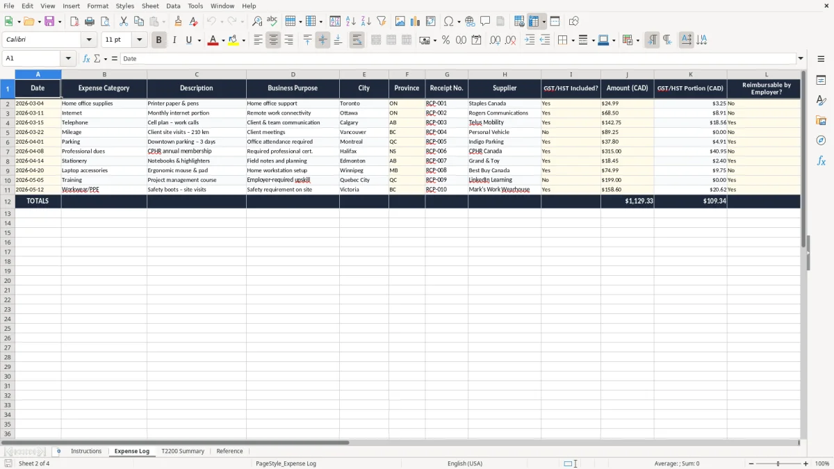 Screenshot 2: Expense Log tab - Excel template t2200 employment expenses excel template canada