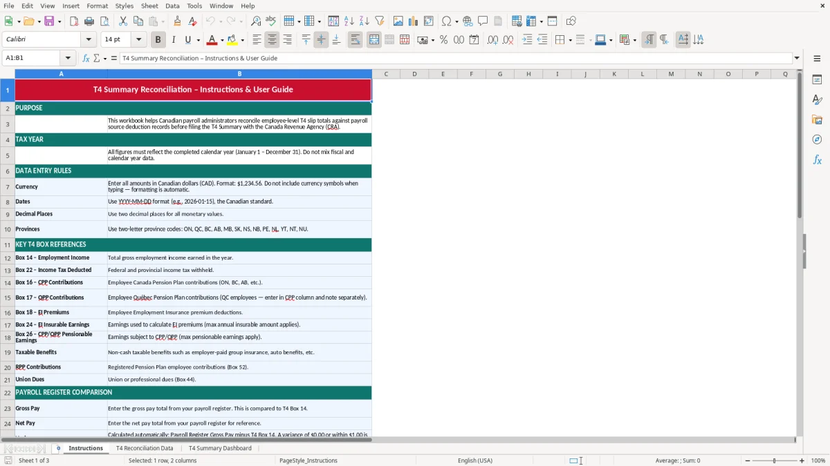 Screenshot 1: Instructions tab - Excel template t4 summary reconciliation excel template canada