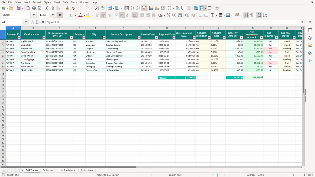 Screenshot 1: T4A Tracker tab - Excel template t4a contractor slip tracker excel spreadsheet canada