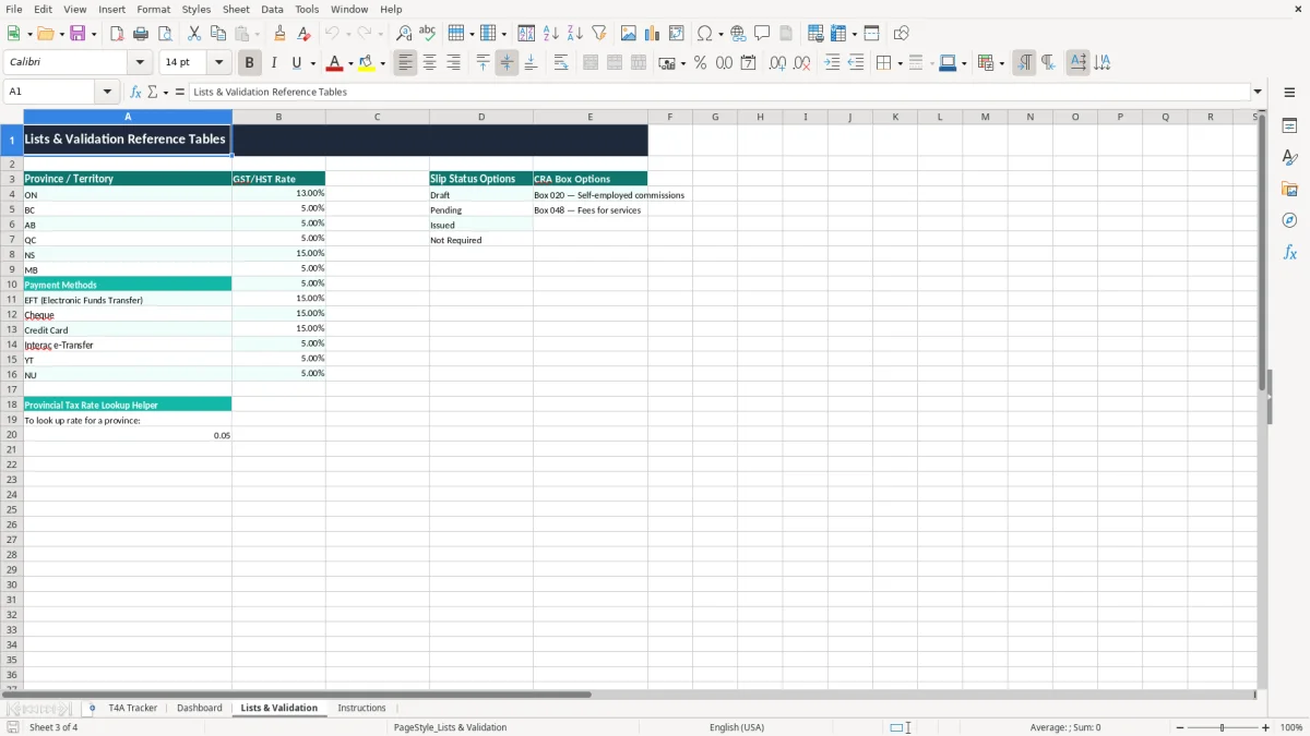 Screenshot 3: Lists & Validation tab - Excel template t4a contractor slip tracker excel spreadsheet canada