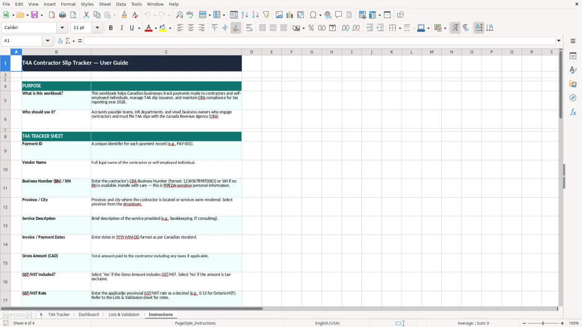 Screenshot 4: Instructions tab - Excel template t4a contractor slip tracker excel spreadsheet canada
