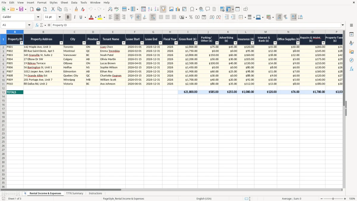 Skärmbild 1: fliken Rental Income & Expenses - Excelmall t776 rental income statement excel template canada