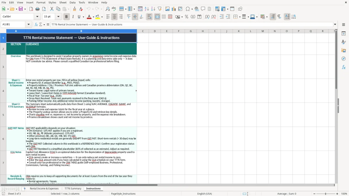 Skärmbild 3: fliken Instructions - Excelmall t776 rental income statement excel template canada