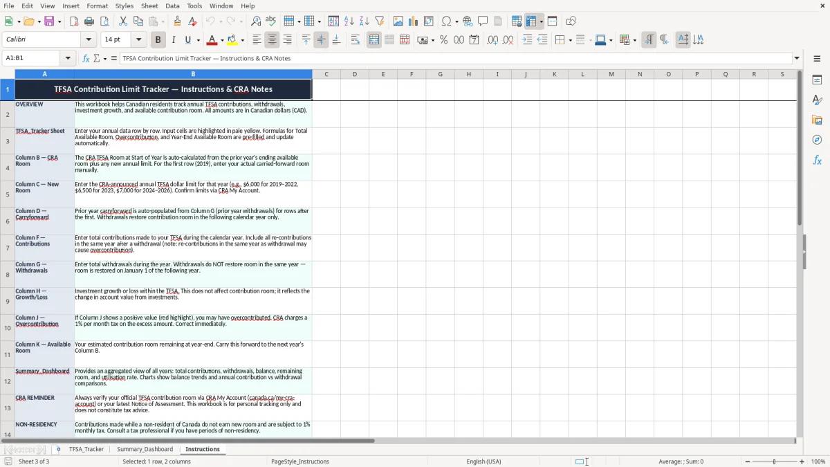 Screenshot 3: Instructions tab - Excel template tfsa contribution limit tracker excel spreadsheet canada