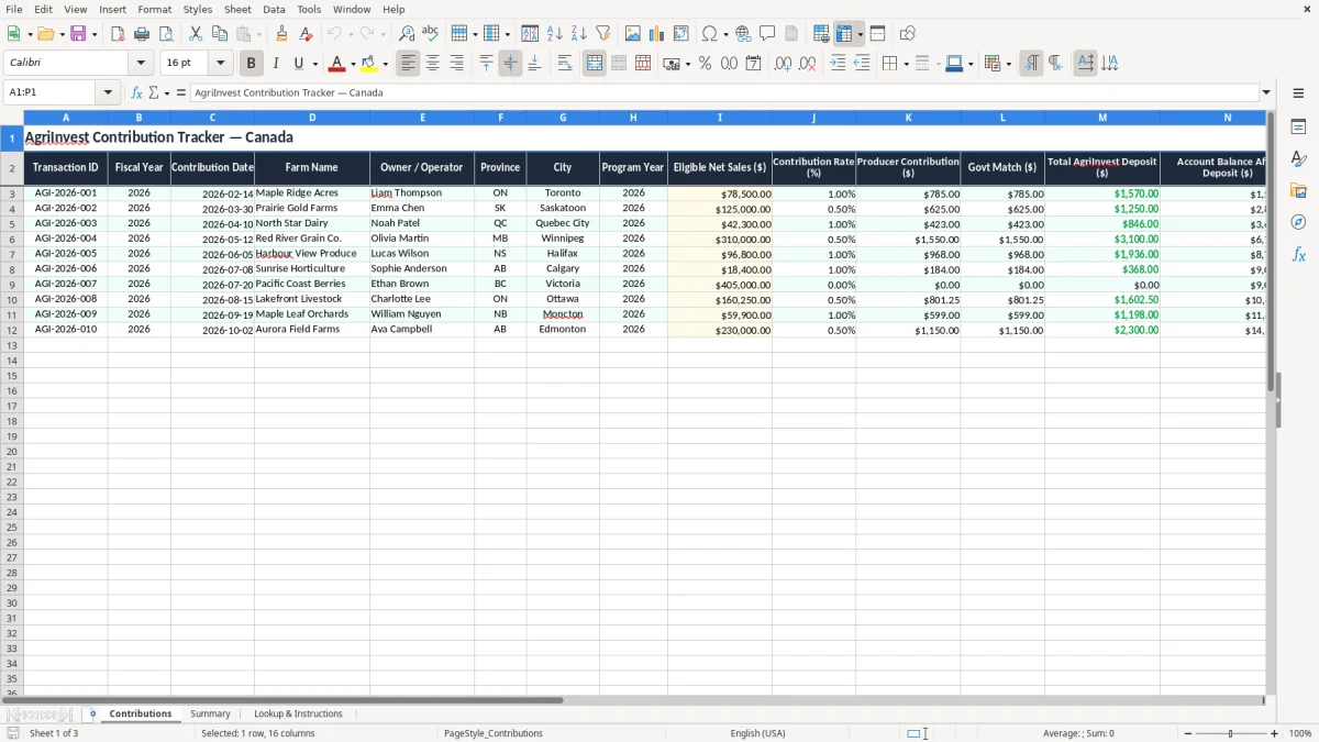 Screenshot 1: Contributions tab - Excel template agriinvest contribution tracker excel template canada