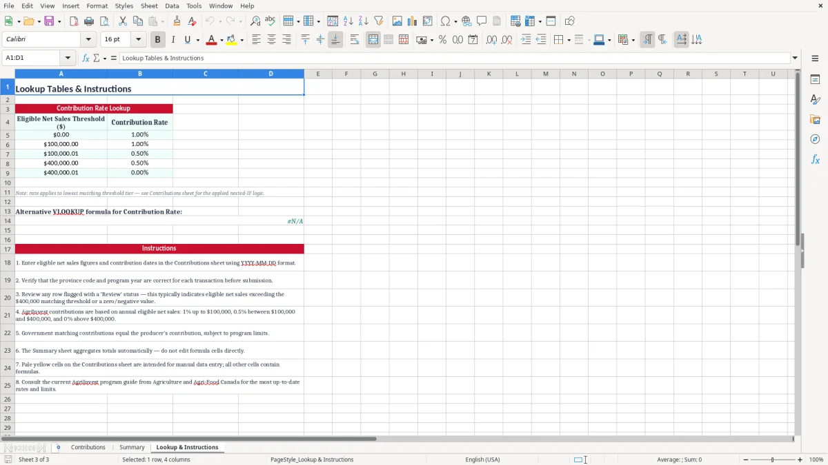 Screenshot 3: Lookup & Instructions tab - Excel template agriinvest contribution tracker excel template canada