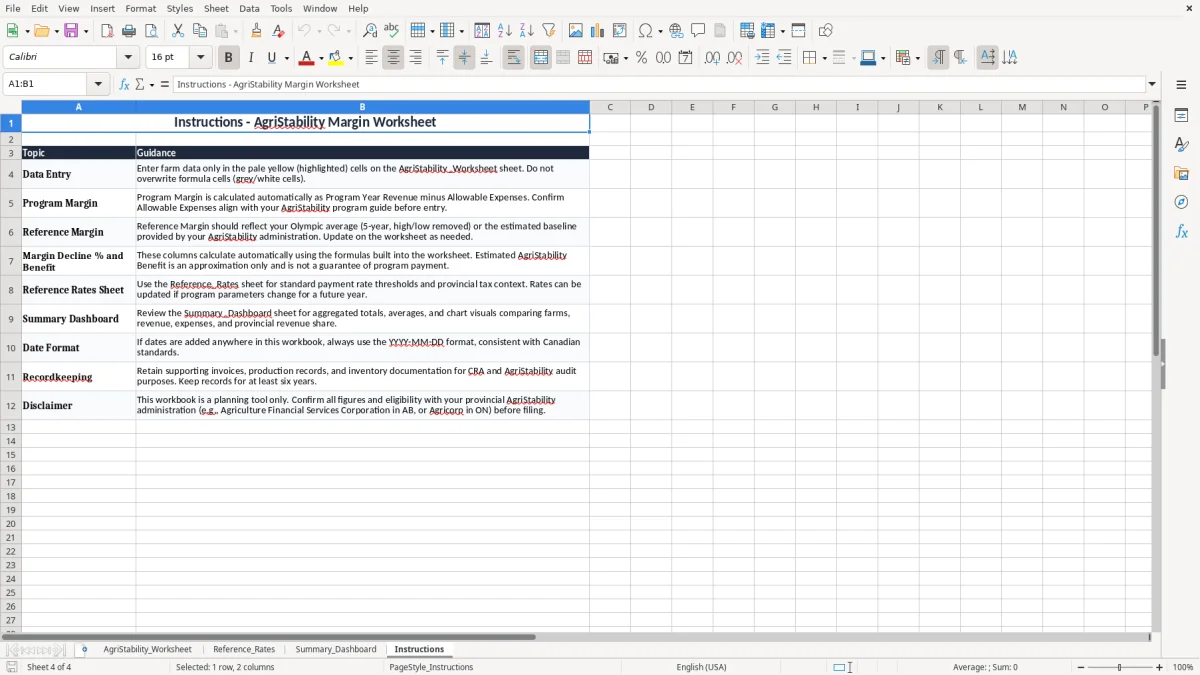 Screenshot 4: Instructions tab - Excel template agristability margin worksheet excel spreadsheet canada