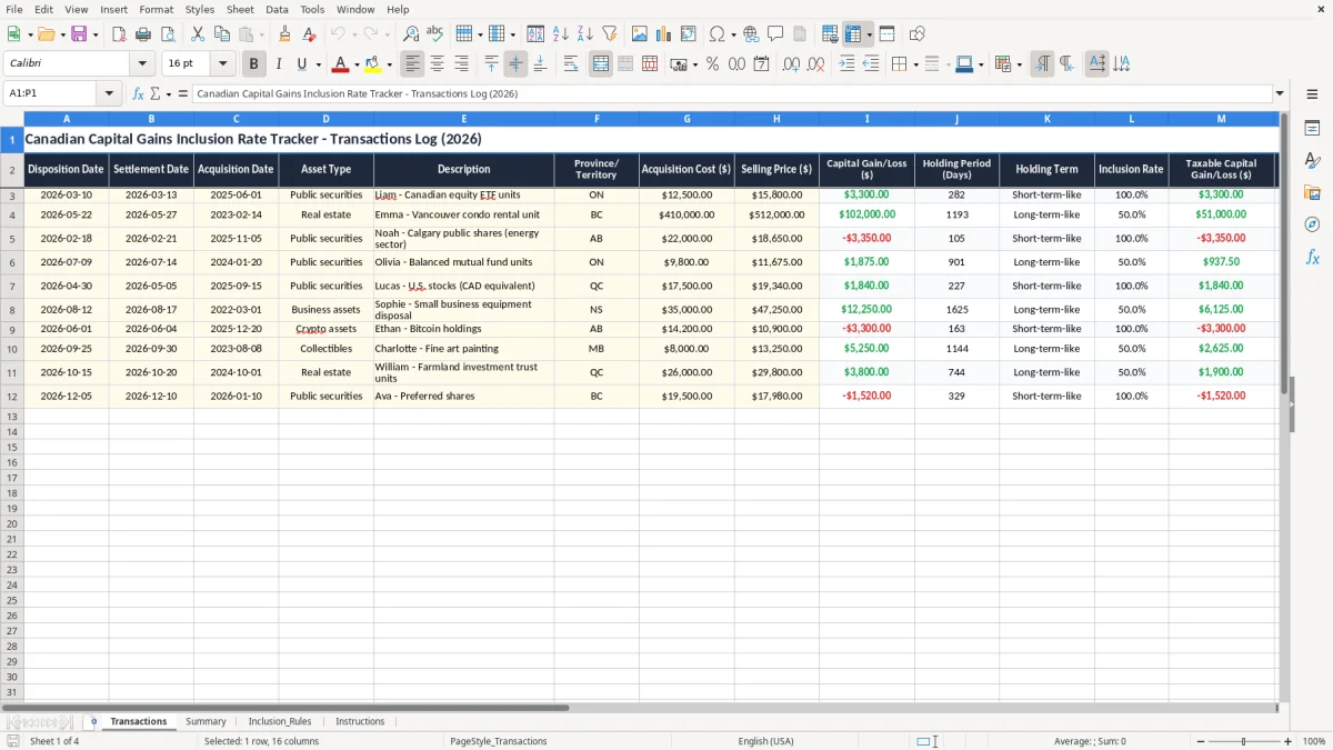Screenshot 1: Transactions tab - Excel template capital gains inclusion rate excel spreadsheet canada