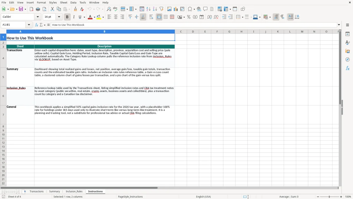 Screenshot 4: Instructions tab - Excel template capital gains inclusion rate excel spreadsheet canada