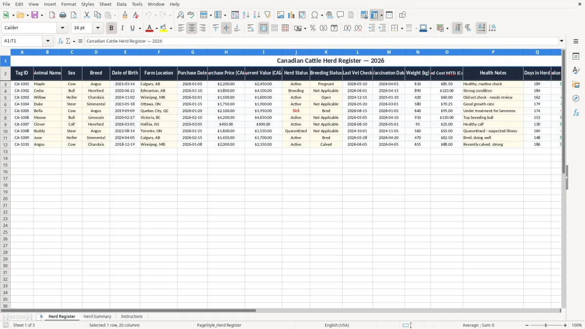 Screenshot 1: Herd Register tab - Excel template cattle herd record excel spreadsheet canada