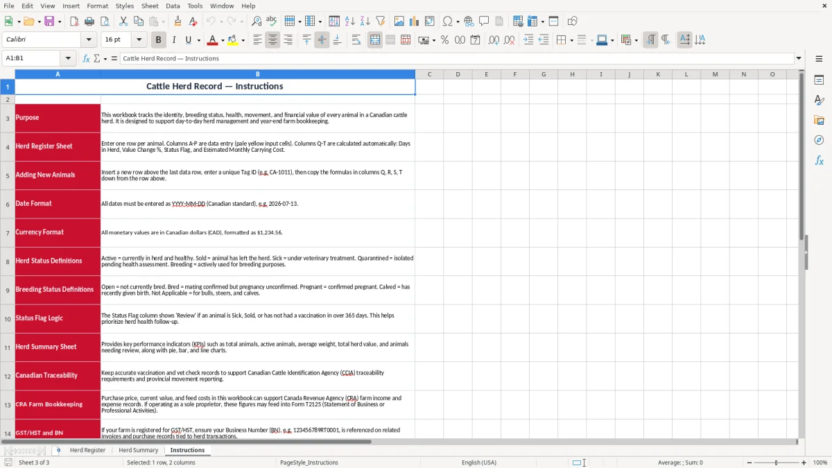 Screenshot 3: Instructions tab - Excel template cattle herd record excel spreadsheet canada