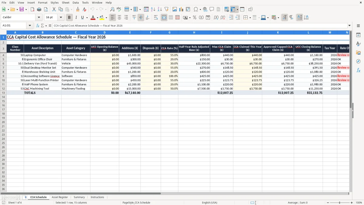 Screenshot 1: CCA Schedule tab - Excel template cca capital cost allowance schedule excel spreadsheet canada